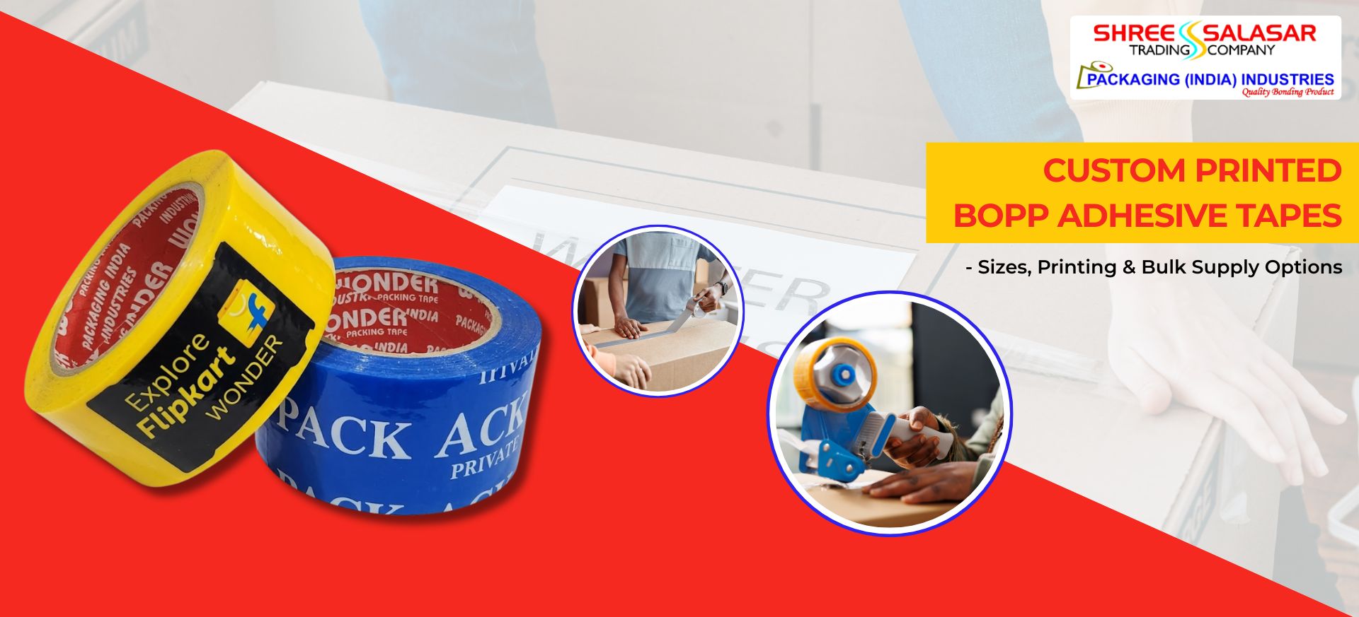 Custom printed BOPP adhesive tape rolls with logo for packaging and bulk supply