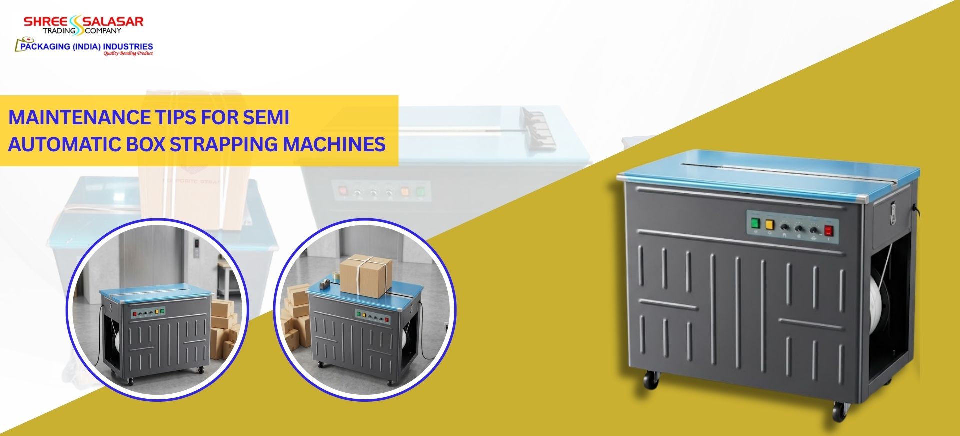 Technician maintaining semi automatic box strapping machine for efficient packaging operations
